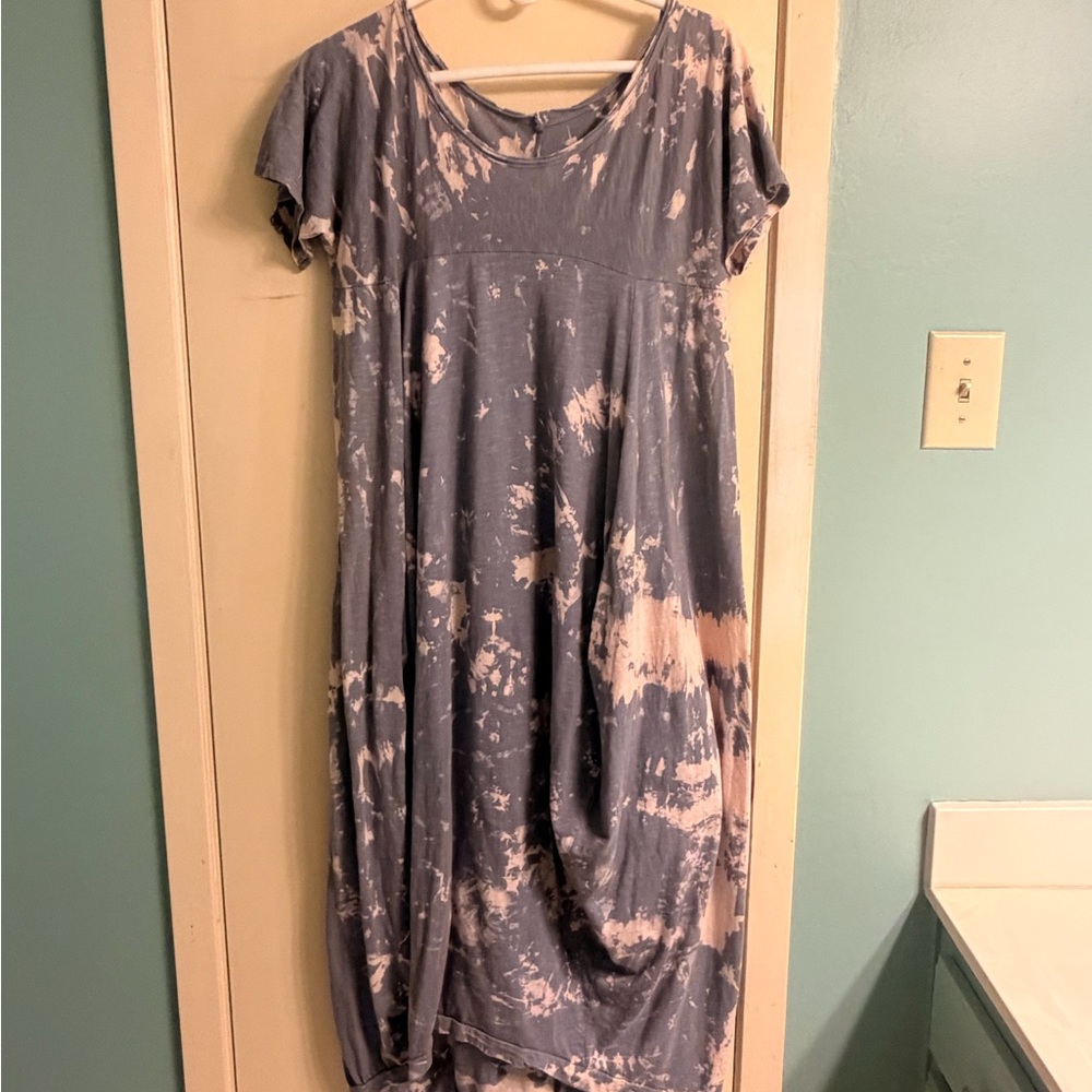 Tie-Dye Short Sleeve Midi Dress - Blue/Cream